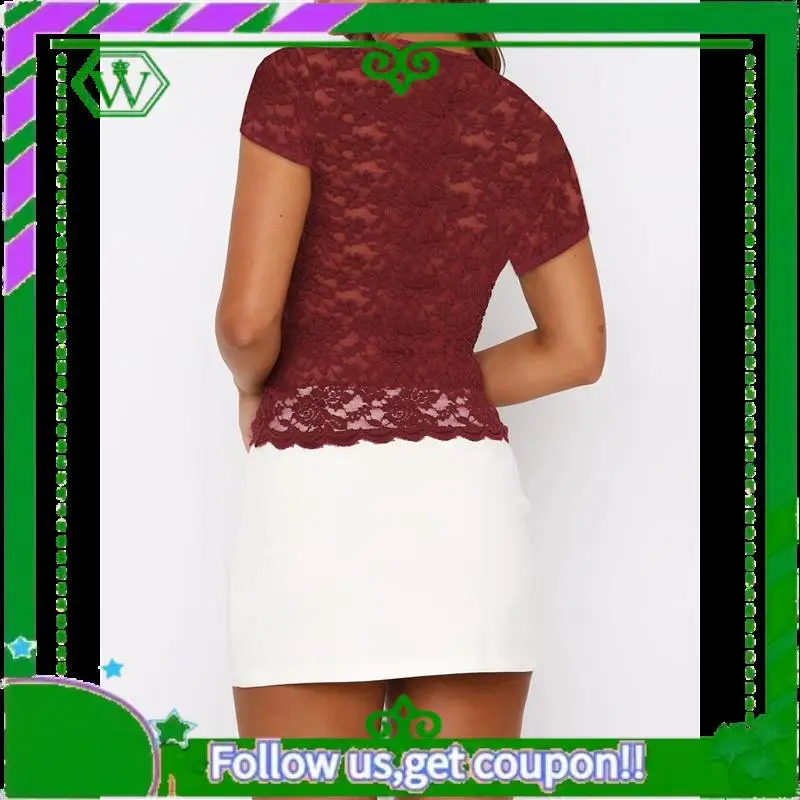 A18P-Women's Lace Short Sleeve Shirt Low Cut Y2K Slim Fit Top Going Out Club Concert Clothes