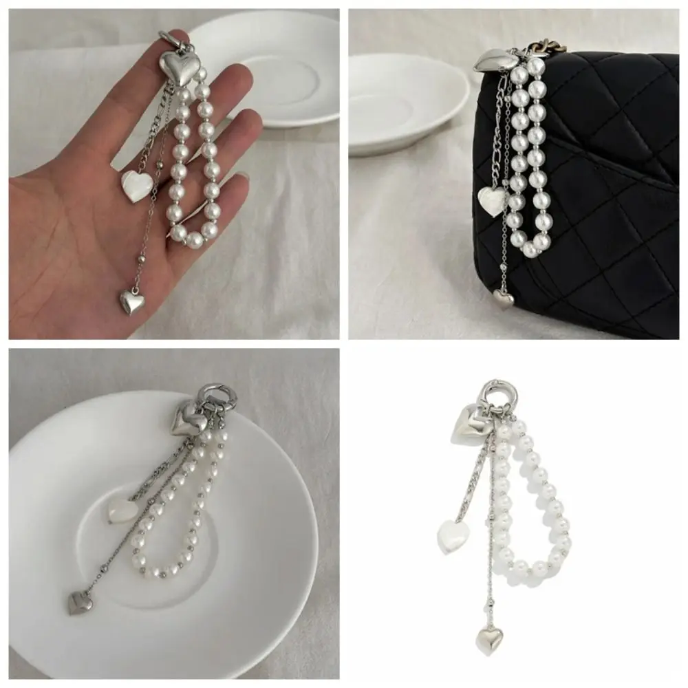 Elegant Metal Pearl Beaded Keychain Peach Heart Shape Tassel Decoration Pendant Jewelry Tassel Keychain Bag Accessories