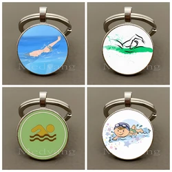 Swimming enthusiast keychain swimming club gift wholesale charming cartoon swimming pattern glass key chain