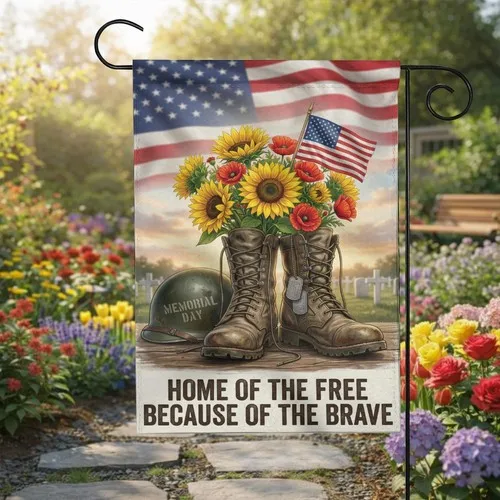 Home of the Free Because of the Brave Flag Memorial Day Sunflower Poppy Decor RRI