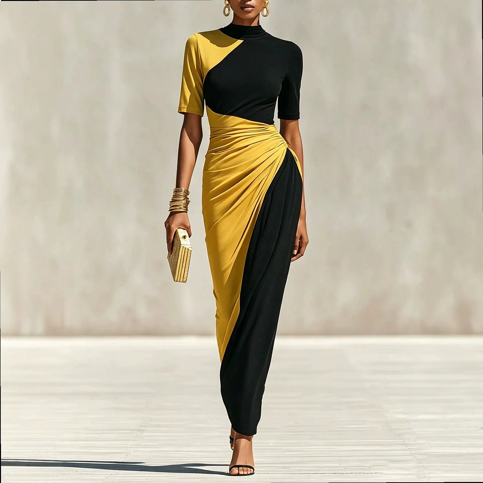 Elegant Color Block Long Dress with Stand Collar Short Sleeve, Flattering Waist Dresses for Women Spring Summer Matching Set