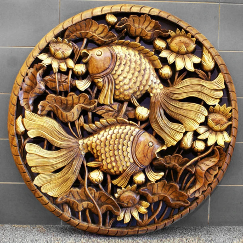 Southeast Asian style home wall decoration fish play lotus carving board pendant wall decoration hand-painted gold