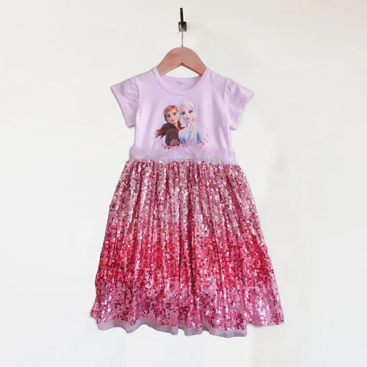 Disney Frozen Elsa Anna Cartoon Print Casual Princess Dress Girls 2024 Summer Clothing Knee Length Sequined Skirt A Line Frocks