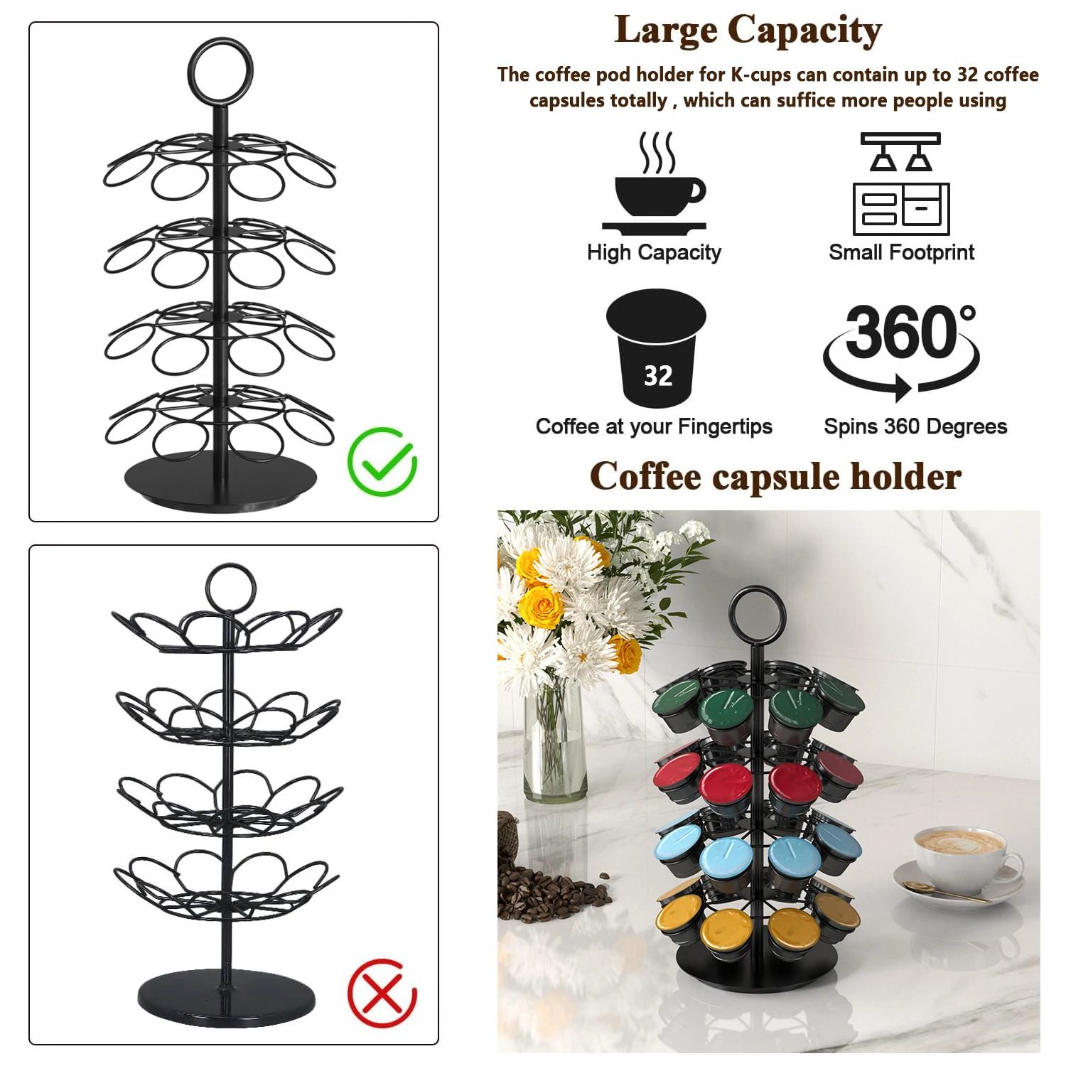 36 Pod Coffee Pod Holder K Cup Carousel 360 Rotating Coffee Capsule Storage Organizer Rack Stand for Keurig Countertop Kitchen