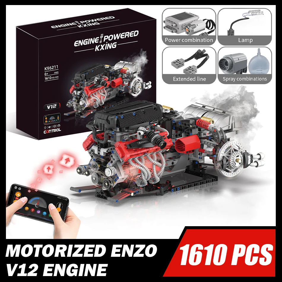 MOC Technical Motorized Enzo V12 Engine Model Building Block Sports Car Engine With Motor Lighting Spray Bricks Toys Kids Gifts