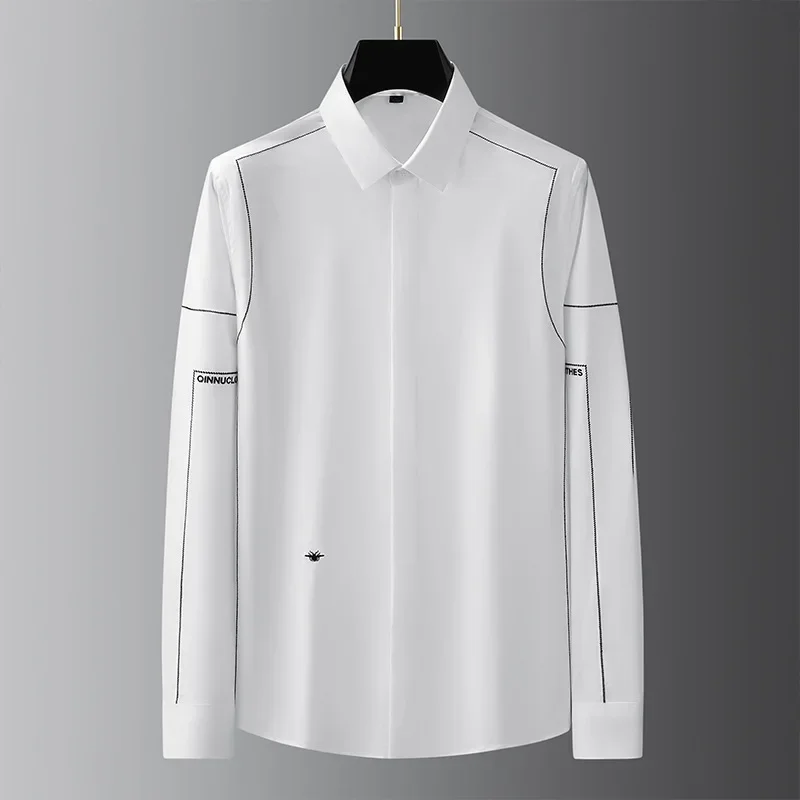 

Fashionable men's slim fit Tencel cotton non ironing fashionable business shirt with visible embroidery long sleeved shirt