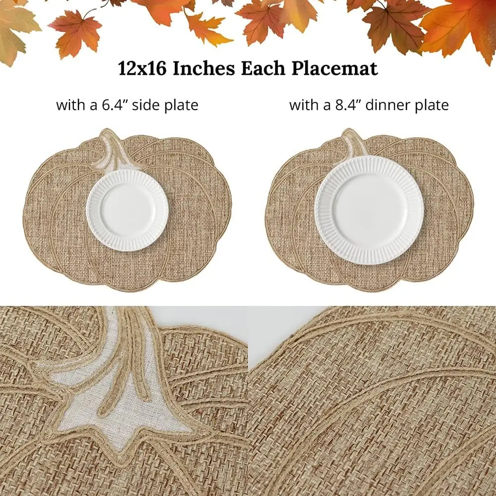 Feuille Fall Placemats Set of 4 – Pumpkin Placemats for Thanksgiving Halloween Natural Color, Polyester Harvest Placemats for Fall Autumn Decorations