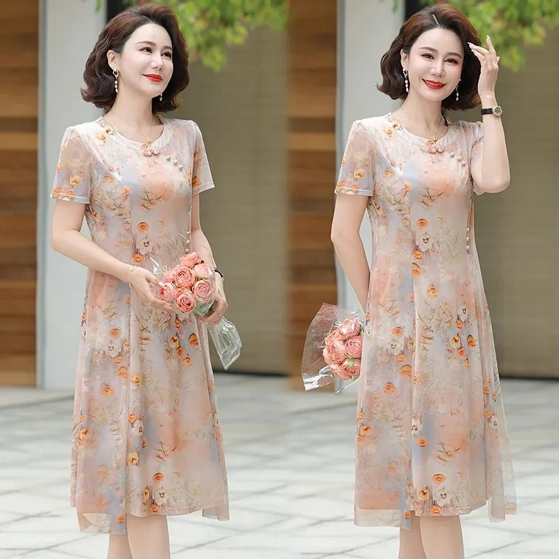Vestidos largos estampados a la moda de verano para mujer, vestido Qipao mejorado de ocio para madre de mediana edad, vestido Maxi coreano de talla grande 5XL para mujer