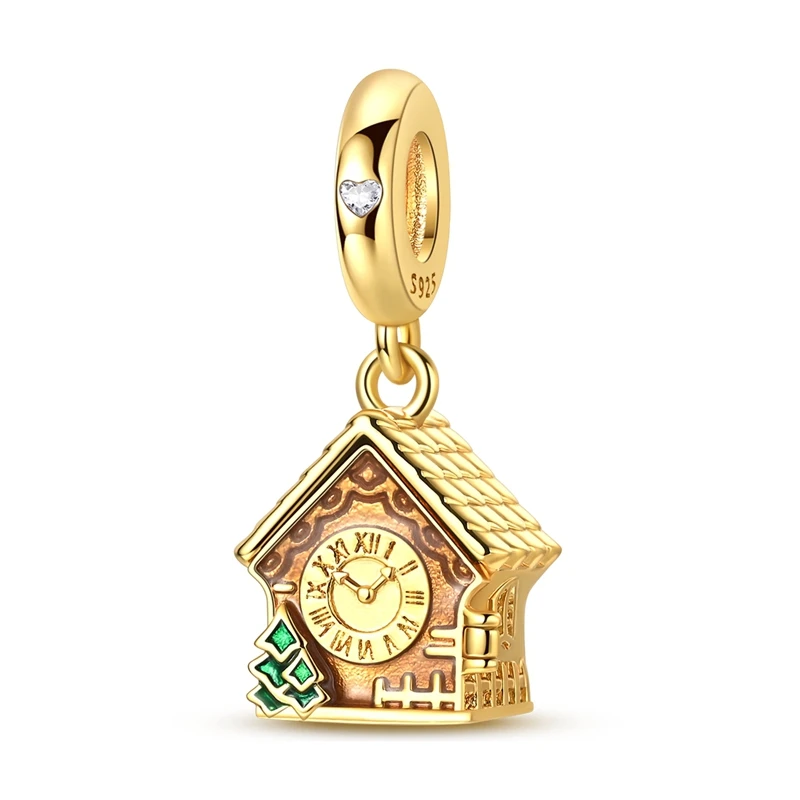 

925 Sterling Silver Golden Charms Bead Cuckoo Clock Dangle Fit Original Bracelet DIY Women Jewelry