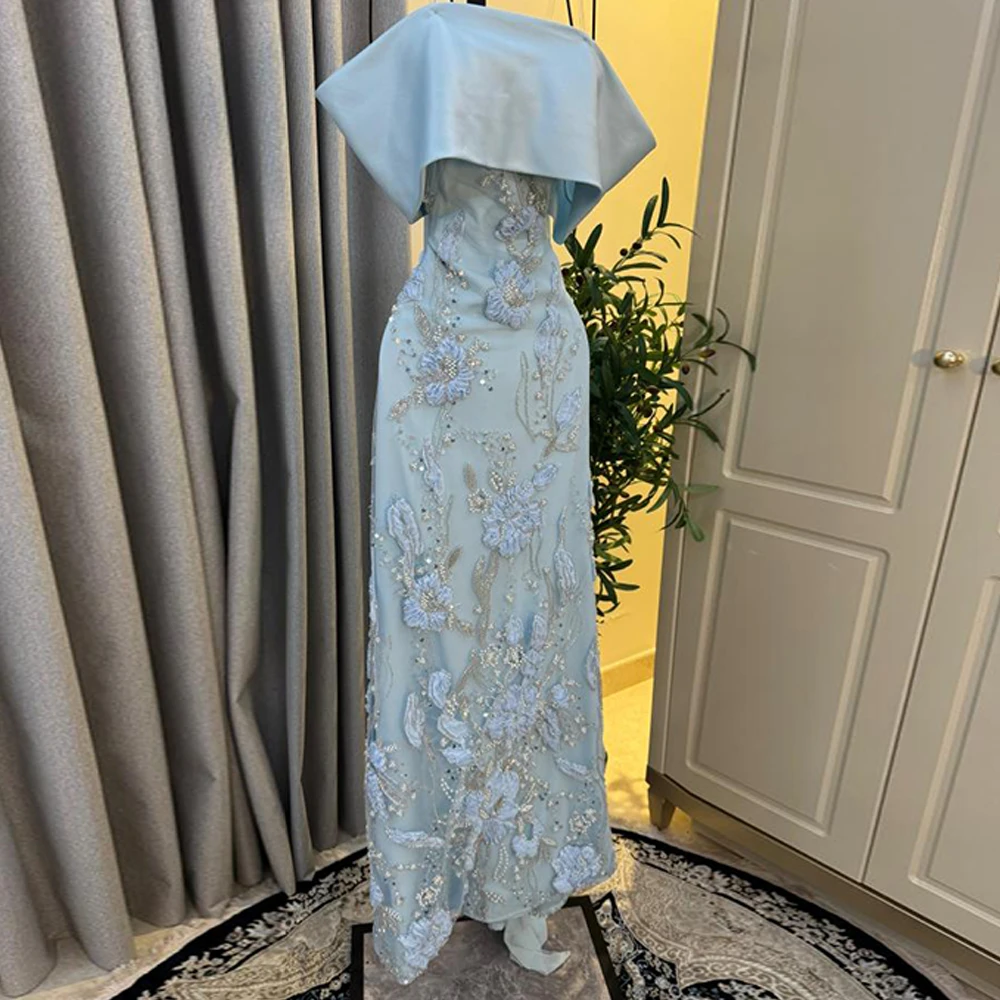 Blue Satin and Chiffon Evening Dress Temperament Off the Shoulder Customized Celebrity Gowns Luxury Flowers Party Dresses