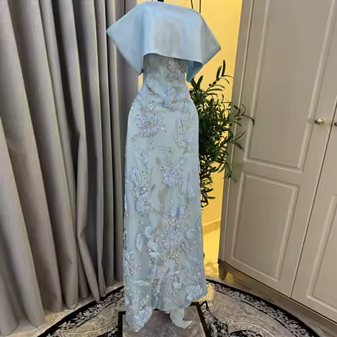 Blue Satin and Chiffon Evening Dress Temperament Off the Shoulder Customized Celebrity Gowns Luxury Flowers Party Dresses