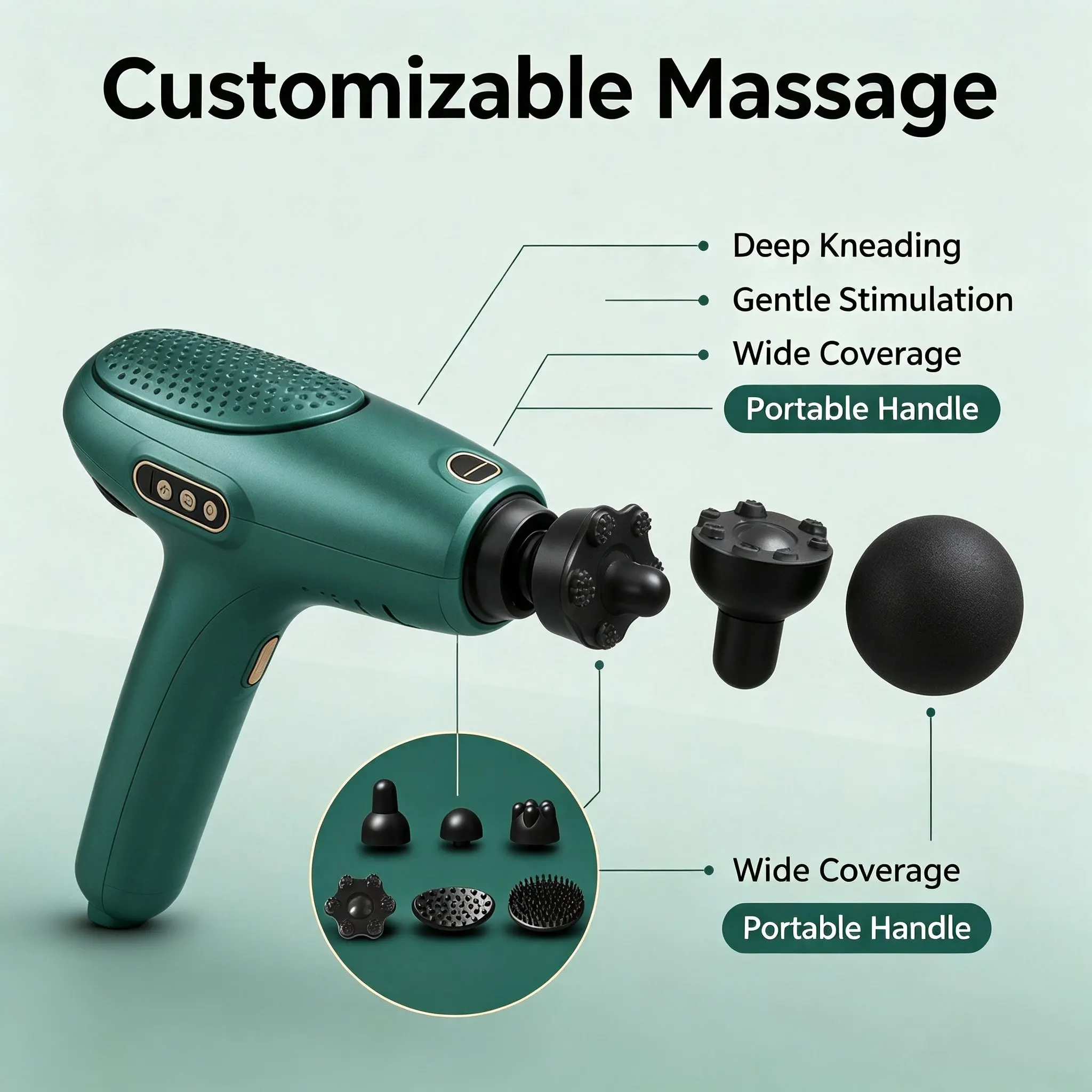 Handheld Massager Wireless Usb Charging 15 Speed Modes Replaceable Heads Muscle Relief Body Fatigue Relief Deep Tissue Vibration