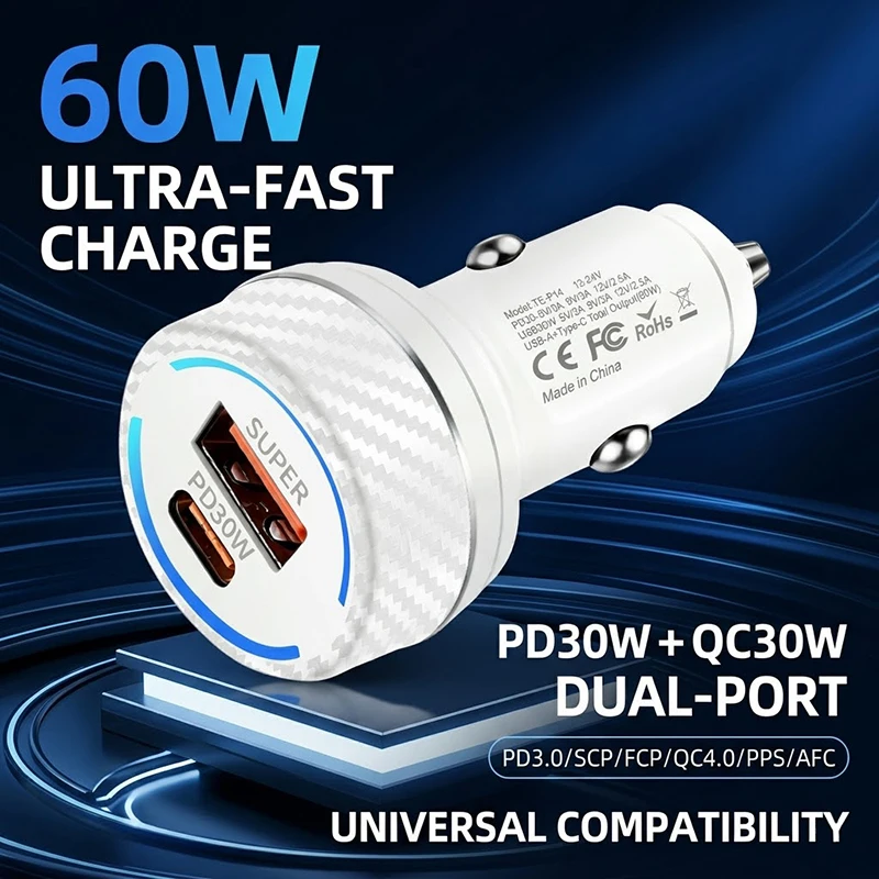 60W High Power Car Charger Dual USB C Fast Charging Adapter Multi Protocol Auto Power Supply Fits Mobile Phones GPS For iPhone