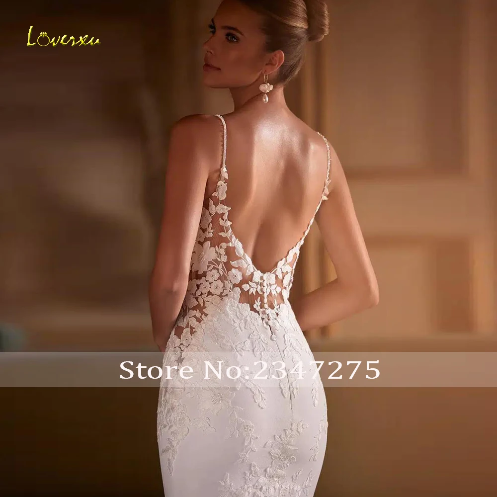 Loverxu 인어 섹시한 웨딩 드레스 여성을위한 스파게티 스트랩 Vestido De Novia 레이스 아플리케 새틴 맞춤 제작 신부 가운
