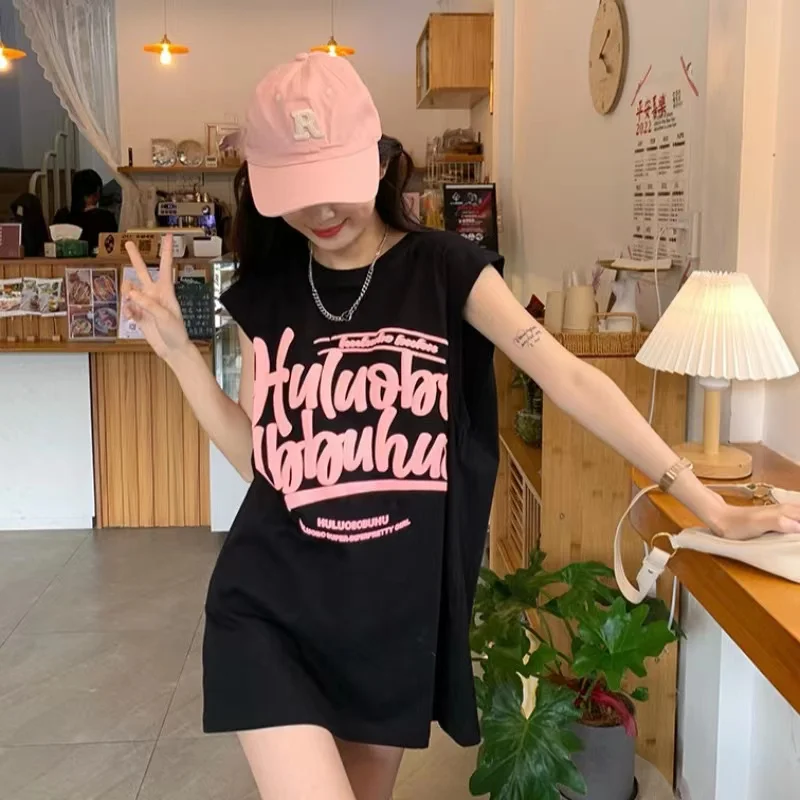 

American Retro Sport oulder Vest Women Summer Svel T-irt Outerwear Ball Jersey BF Pure Cotton Mid-length Top Trendy