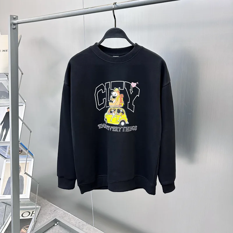 

Модный вязаный свитшот с круглым вырезом и длинными рукавами на флисовой подкладке для мужчин, осенне-зимний, с мультяшным принтом, в уличном стиле