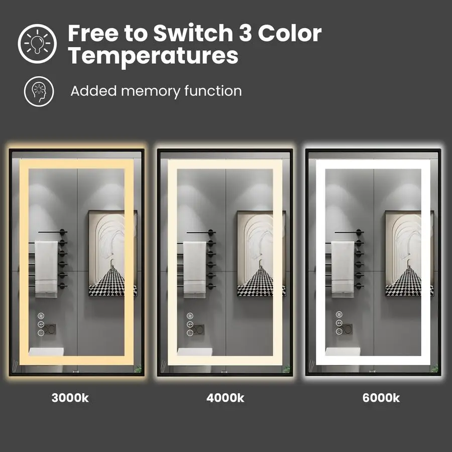 مرآة حمام LED مقاس 20 × 28 بإطار أسود وإضاءة أمامية وإضاءة خلفية، قابلة للتعتيم بدون خطوات، مضادة للضباب، مقاومة للكسر، ذاكرة، 3 ألوان