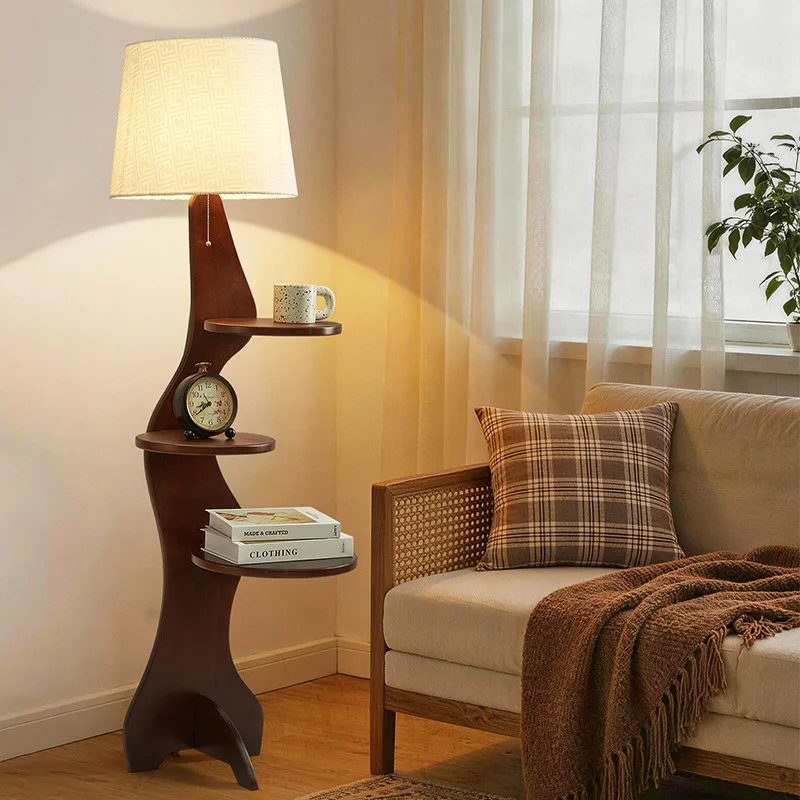 American retro fabric, three-layer shelf next to the sofa in the living room, bedroom ambient light, antique ash wood floor lamp