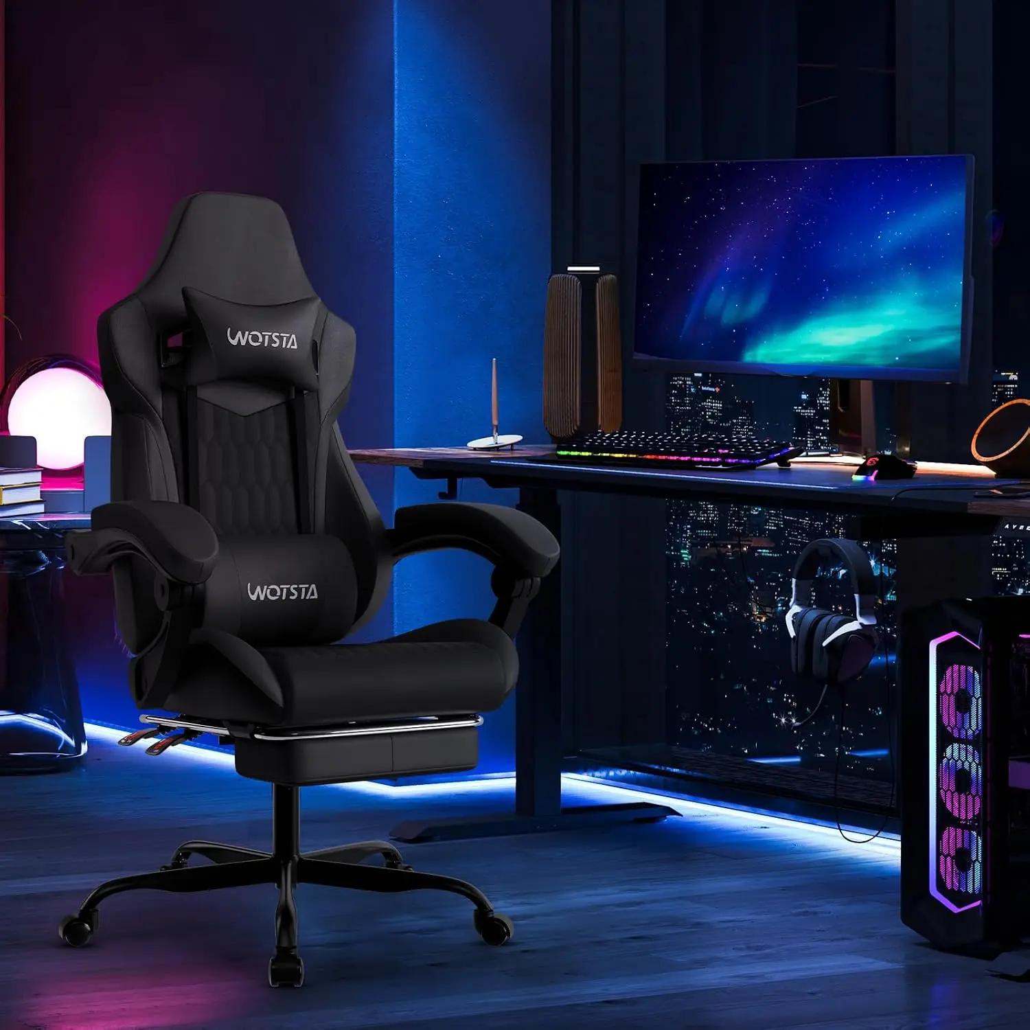 Gaming Chair with Footrest, High Back Gaming Chairs PVC Leather Ergonomic Gamer Chair with Adjustable Headrest Lumbar Support Racing Style Video Gaming Chair for Office/Home (Black) - view 2