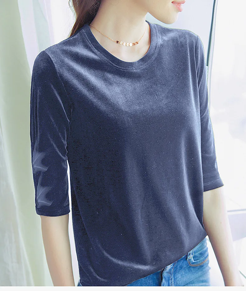 Korean women Summer half sleeve vintage velvet Blusas tops black brown blue velour shirts Office blusas femininas elegantes