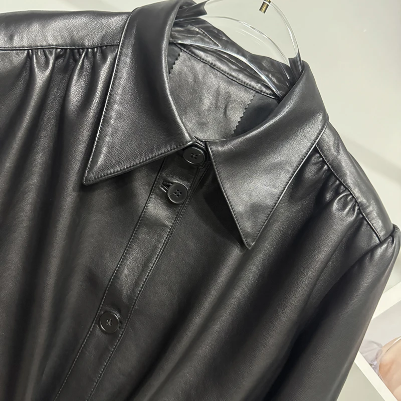 Cappotto di pelle di pecora naturale Primavera Autunno Donna Risvolto Manica a sbuffo Giacca in pelle conciata al vegetale Moda Capispalla corto versatile