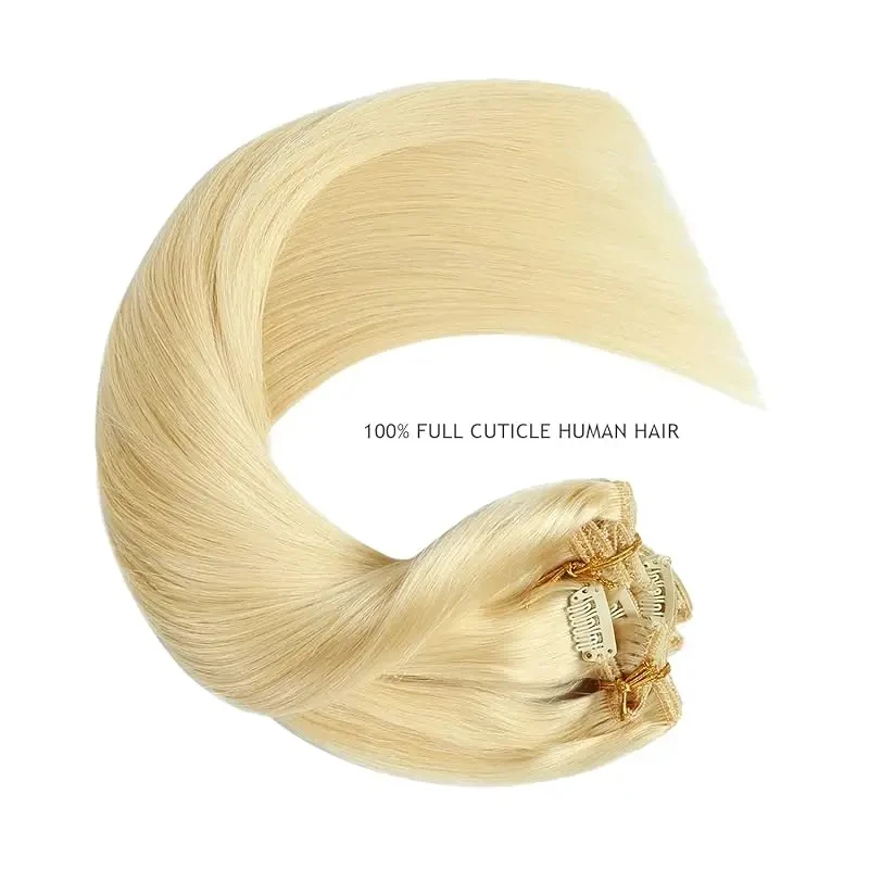 

P8/613 Highlight Straight Clip In Hair Extensions 120G/Set Brazilian Human Hair Clips In Full Head 100% Remy Hair #613 Blonde