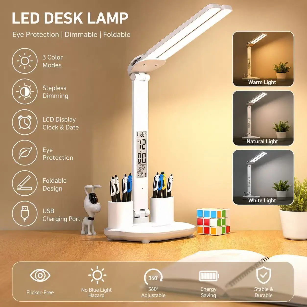 

LED Desk Lamp USB Dimmable Touch Foldable Table Lamp with Calendar Temperature Clock Night Light for Study Reading Lamp