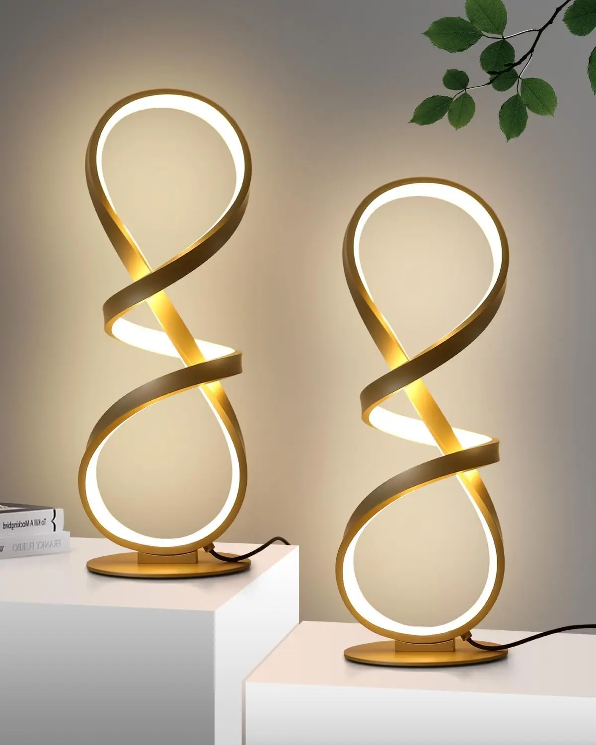 2 Pack LED Touch Dimmable Spiral Table Lamps, 3 Color Temp, Modern Gold Nightstand Lamps for Bedroom, Living Room, Ideal Gift