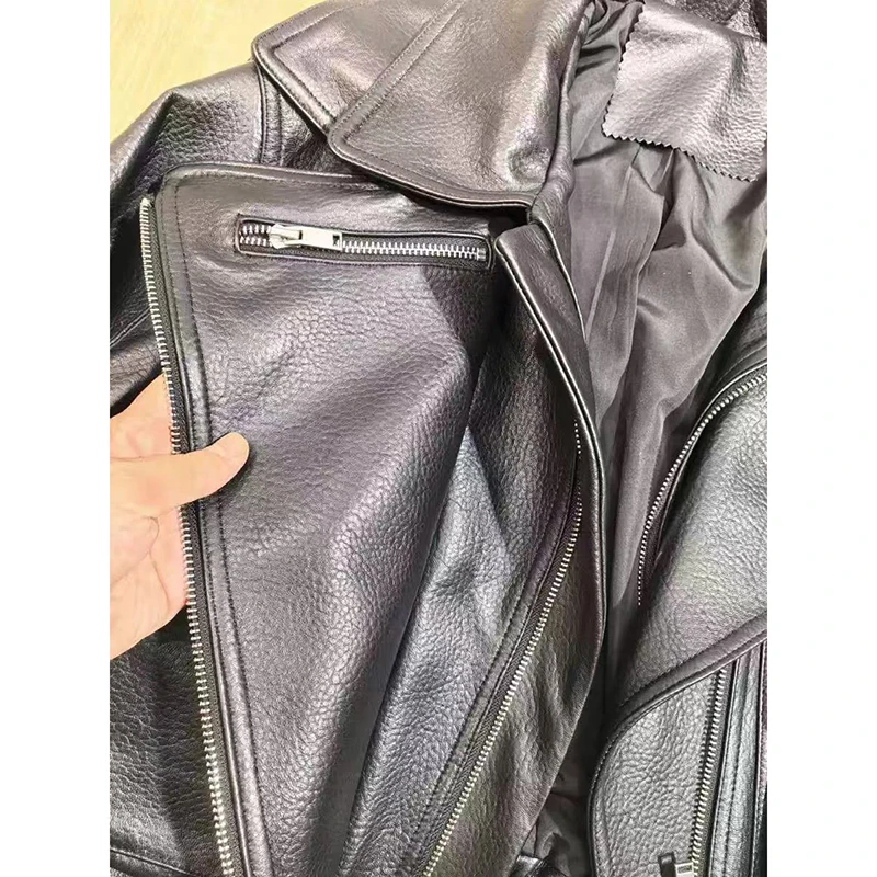 Skórzana kurtka damska jesienno-zimowa w stylu vintage, z podwójnym kołnierzem, wzór liczi, skóra owcza, kurtka motocyklowa z zamkiem błyskawicznym.