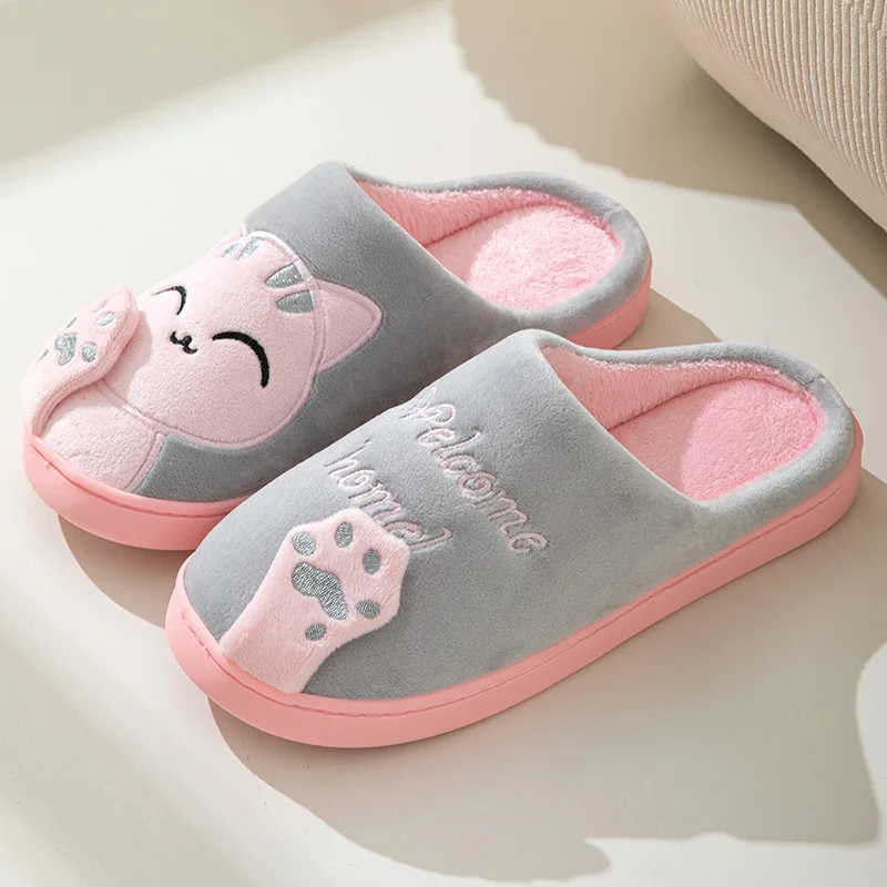 Autumn and Winter Cute Fashion Cartoon Kitten Boys and Girls Warm and Thick Non-slip Indoor Big Children\'s Slippers