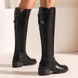 Vintage Knee High Boots Women Black PU Leather Low Heels Buckle Riding Boot Female Winter Shoes Ladies Large Size 48 Brand