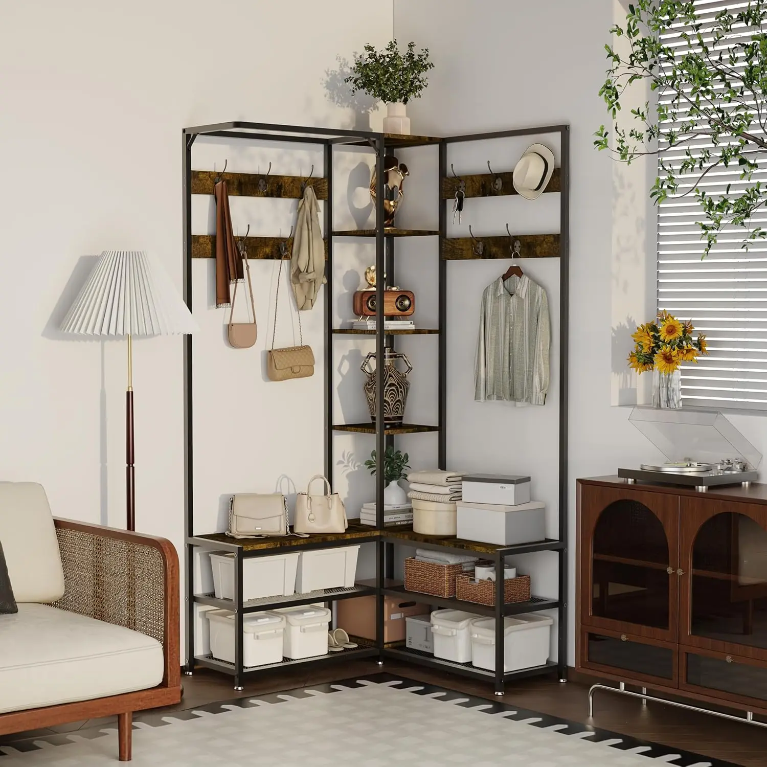 رف المعاطف مع مساحة تخزين الأحذية: حامل المعاطف مع مقعد الأحذية، شماعة ملابس قائمة بذاتها مع إطار معدني صناعي #3