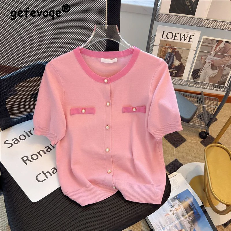 Women Stylish Contrast Color Sweet Chic Beaded Button Knitwear New Summer Elegant Casual O Neck Short Sleeve Loose Ice Silk Tops