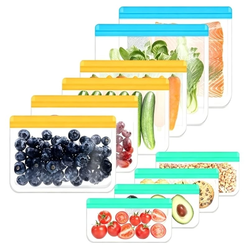 B52C 10 Pack Reusable Gallon Freezer Bags Dishwasher Safe Reusable Plastic Bags 3 Sizes For Meat, Travel Leak Proof Food