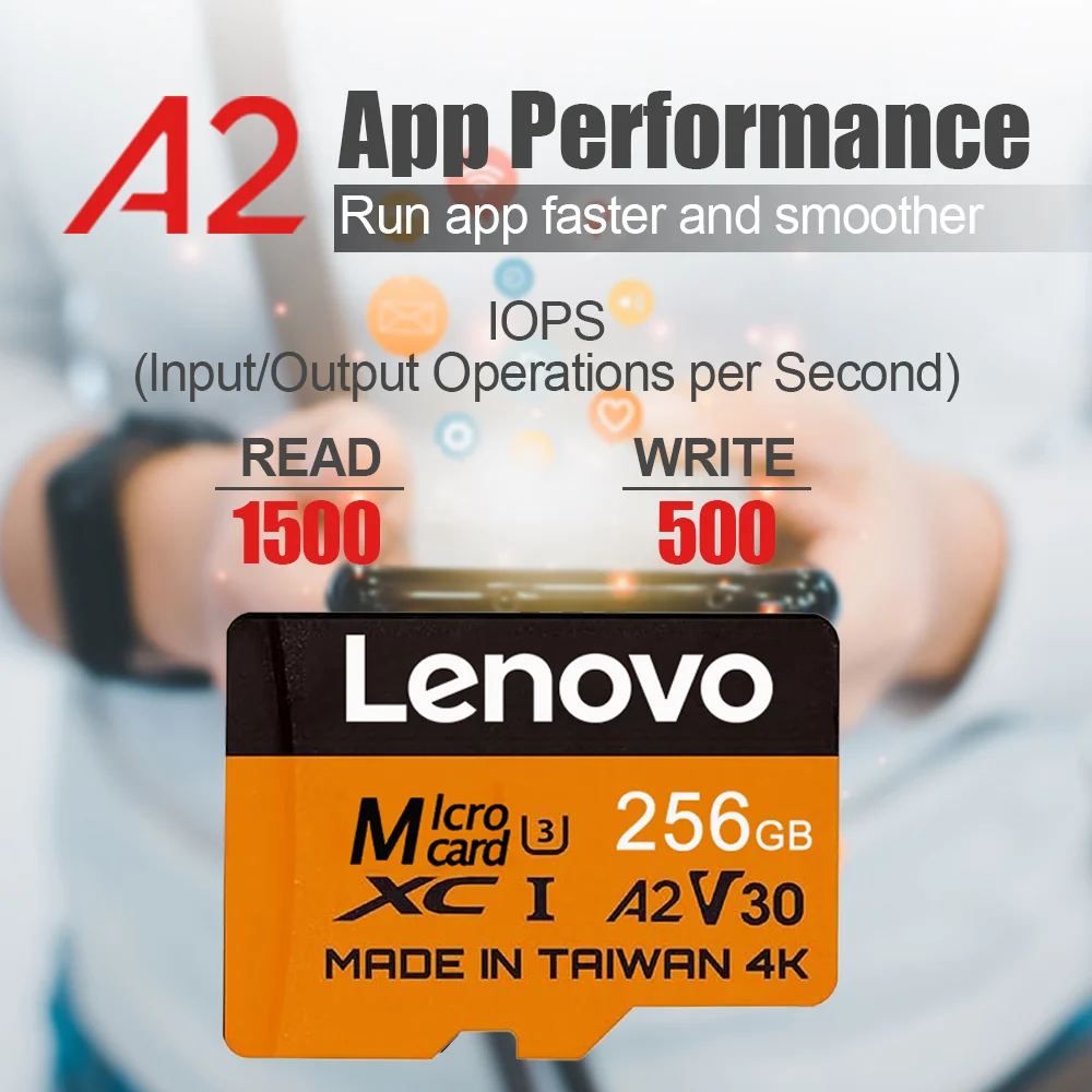 Lenovo Micro SD Card 512GB 256GB 128GB 64GB 32GB A2 V30 Class 10 UHS-1 TF Flash Memory Card for Smartphone/PC