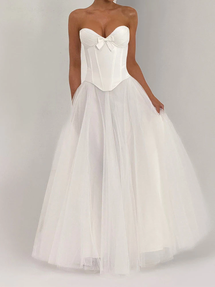 女性用エレガントノースリーブソリッドバンケットスーツファッションスイートガウン2ピースセットセクシーストラップレスクロップトップ＆メッシュスカートイブニングアウトフィット