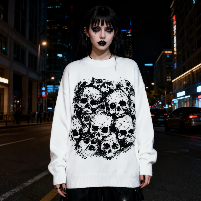 

y2kUnisex Gothic Dark Skull Print Oversized Sweater for Men and Women Punk Emo Aesthetic Street Wear Knitted Hoodie