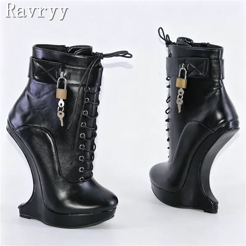 

Women's 18CM Extreme Heelless Wedge Platform Ankle Boots with Metal Lock & Key Decor Lace-Up Performance Heelless Shoes