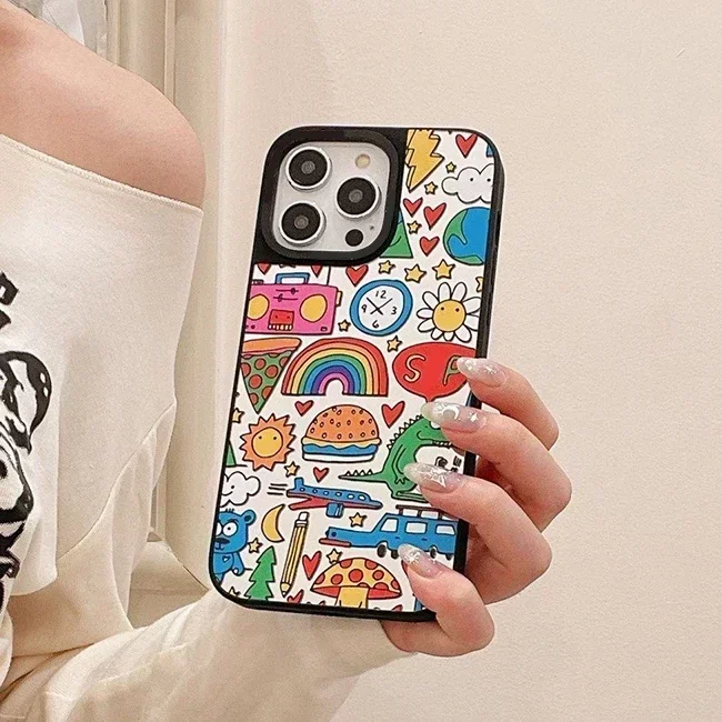 Mirror Surface MagSafe Cartoon Rainbow Pattern iPhone 11 12 13 14 15 Pro Max Protective Case