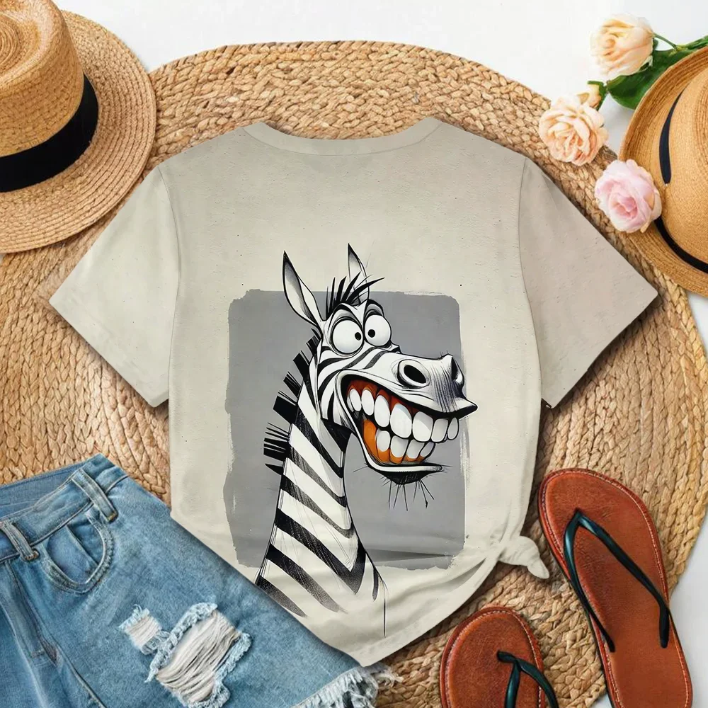 เสื้อยืดพิมพ์ลายม้าลายสีดำและสีขาวสำหรับผู้หญิงแขนสั้นคอกลมดีไซน์ฤดูร้อนลำลอง - สไตล์การ์ตูนแสนสนุก