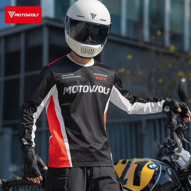 

Мотоциклетная быстросохнущая одежда MOTOWOLF: летняя футболка для мотоциклистов, сетчатая, дышащая, с защитой от солнца, длинными рукавами, отводящая пот.