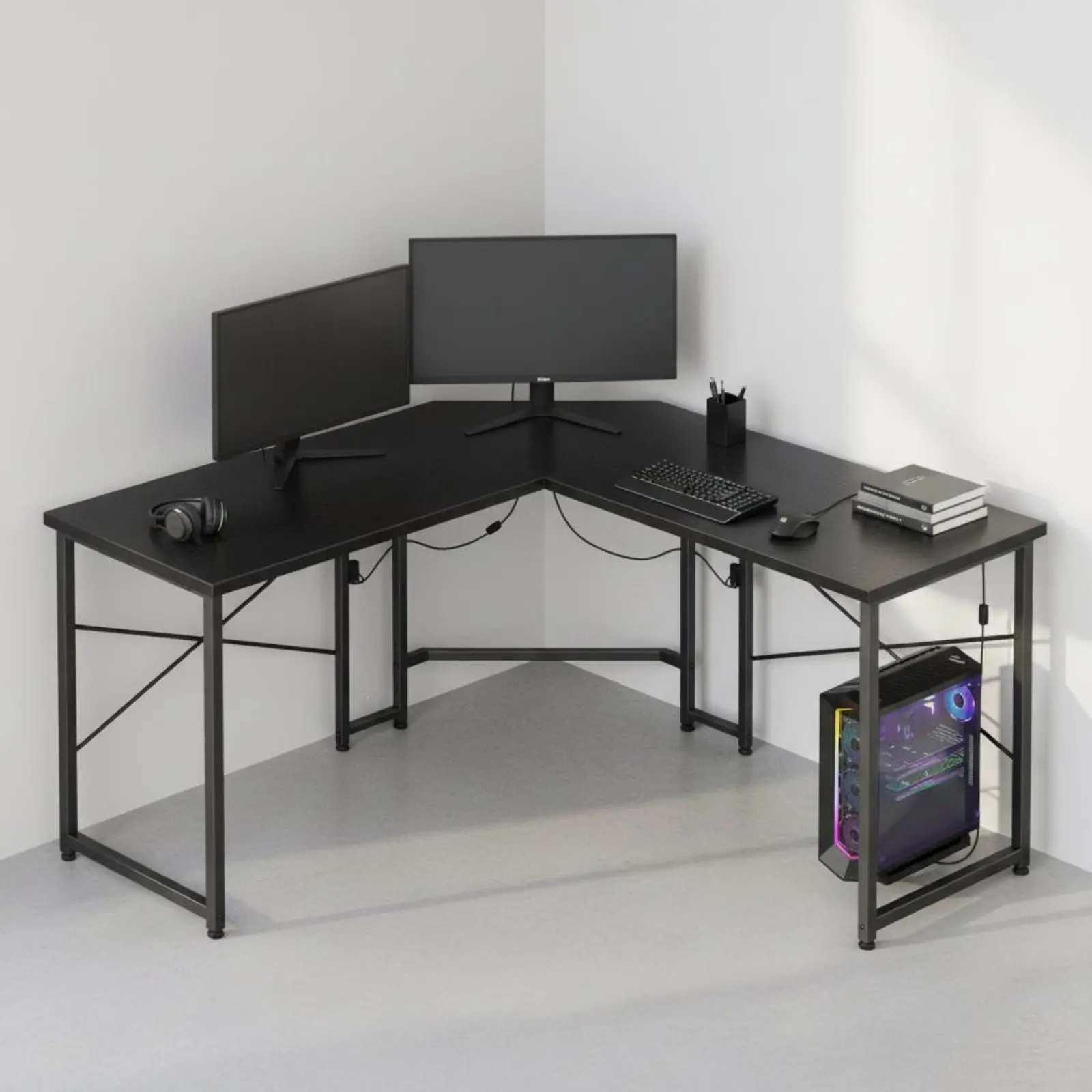 L-Shaped Gaming Desk Ample Workspace L-Form Computer Table Workstation Table with Monitor Shelf Adjustable Foot Pads for Players