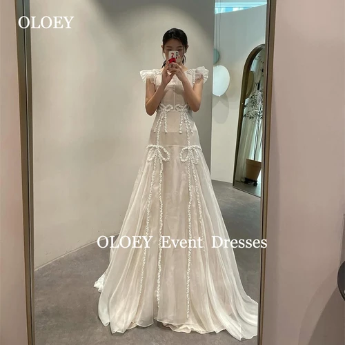 OLOEY 우아한 A 라인 웨딩 드레스, 한국 사진 촬영, O 넥 민소매 신부 가운, 맞춤형 바닥 길이 플리츠 프릴