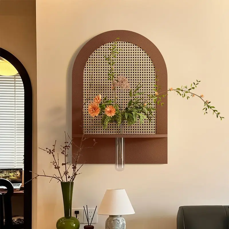 Three-dimensional bamboo woven sandstone arched French retro style vase decorative painting corridor restaurant wall decoration