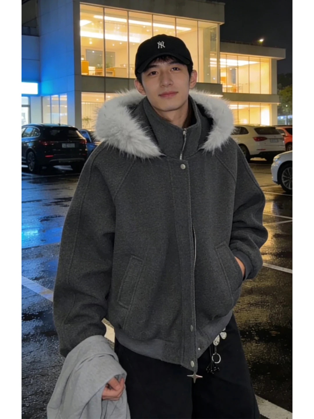 

Deep Grey Fur Collar Parka Cotton Jacket Men's Winter Thickened Hooded Short Workwear Woolen Outerwear Casual Warm Zipper