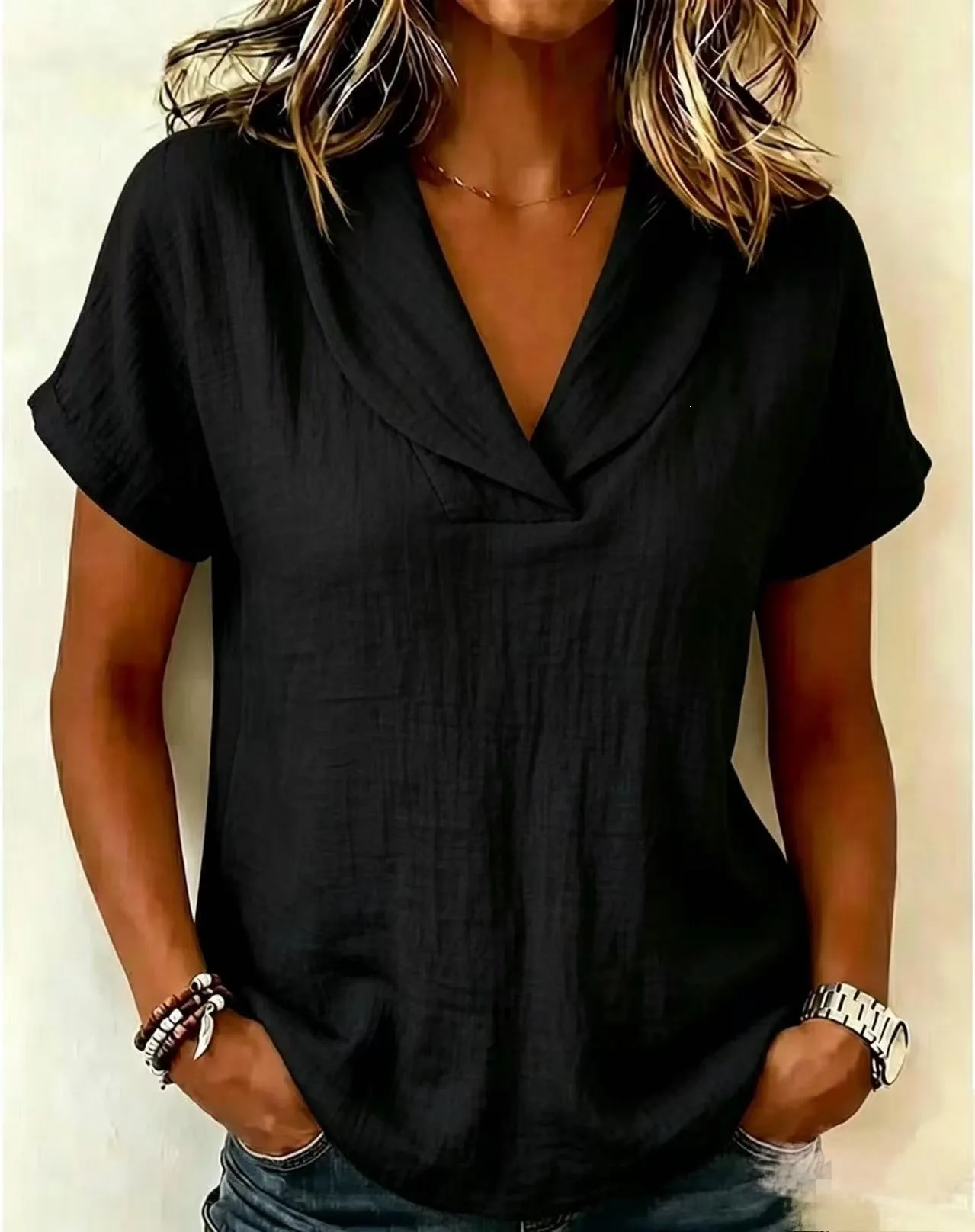 2026 Women's Blouses Summer New Short Sleeve Shirts Loose Casual Fashion V-Neck Top Female Solid Color Plus Size Tops Pullovers