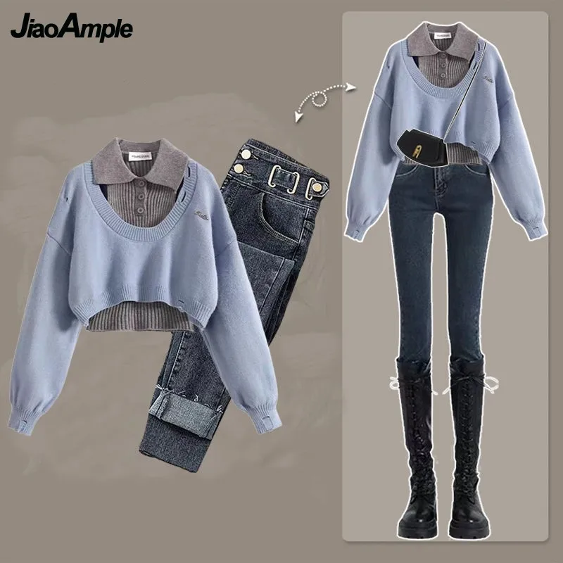 Women\'s 2024 Autumn/Winter New Vintage V-Neck Knit Sweater+Bottom Shirt+Jeans 3-Piece Suit Korean Elegant Hoodie Denim Pants Set