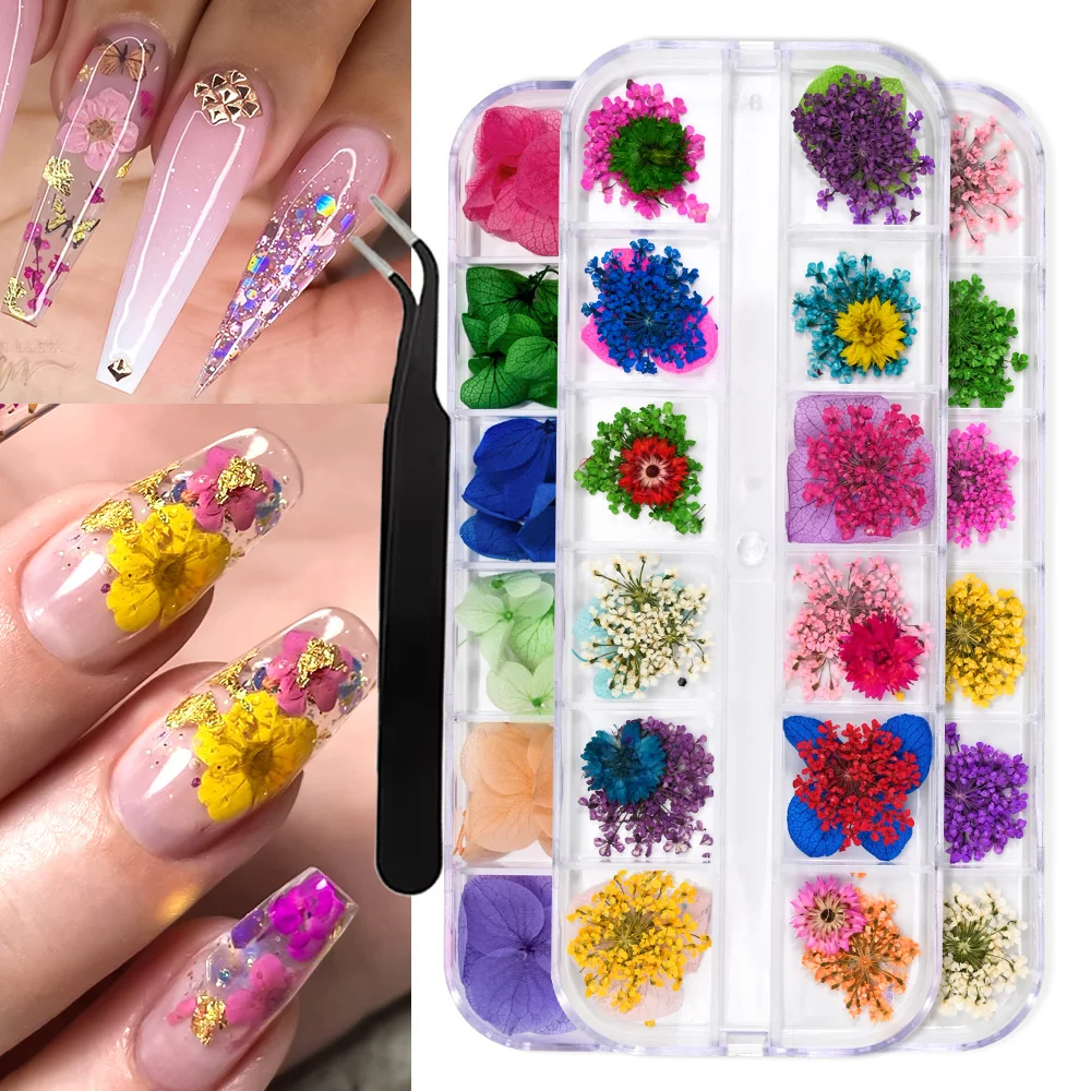 

12 Grids/box 3D Nail Mini Dried Flowers Sticker Set For Nail Art Resin Craft DIY Real Natural Dry Flower Nail Art Decoration Kit