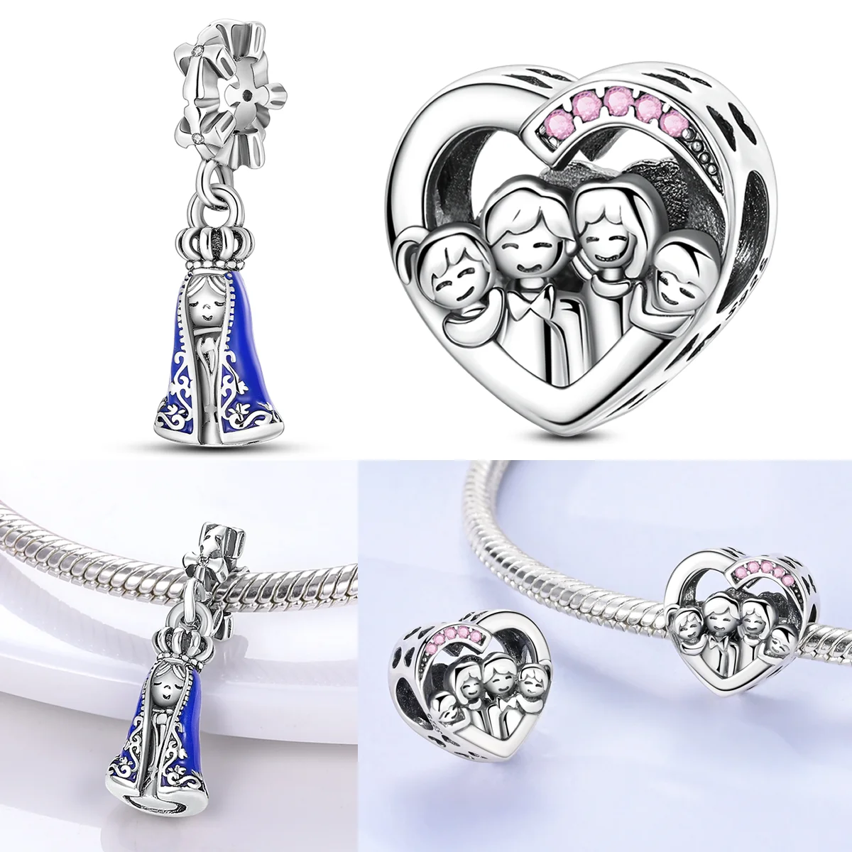 

925 Sterling Silver Our Lady Charms Bead CZ Zircon Love Family Photo Dangle Fit Original Bracelet DIY Women Jewelry Gift