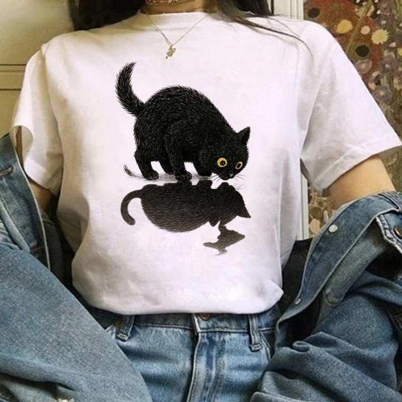 

Black Cat Print Women's Cute Retro Short Sleeved New Cartoon Round Neck Versatile Summer Top Basic White Clothing T-Shirt